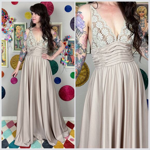 Vintage 1970s Taupe Illusion Floral Lace Strappy Backless Gown - Picture 1 of 9